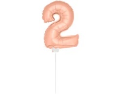 Folie Ballon Cijfer 2 Rose Goud 36cm Met Stokje