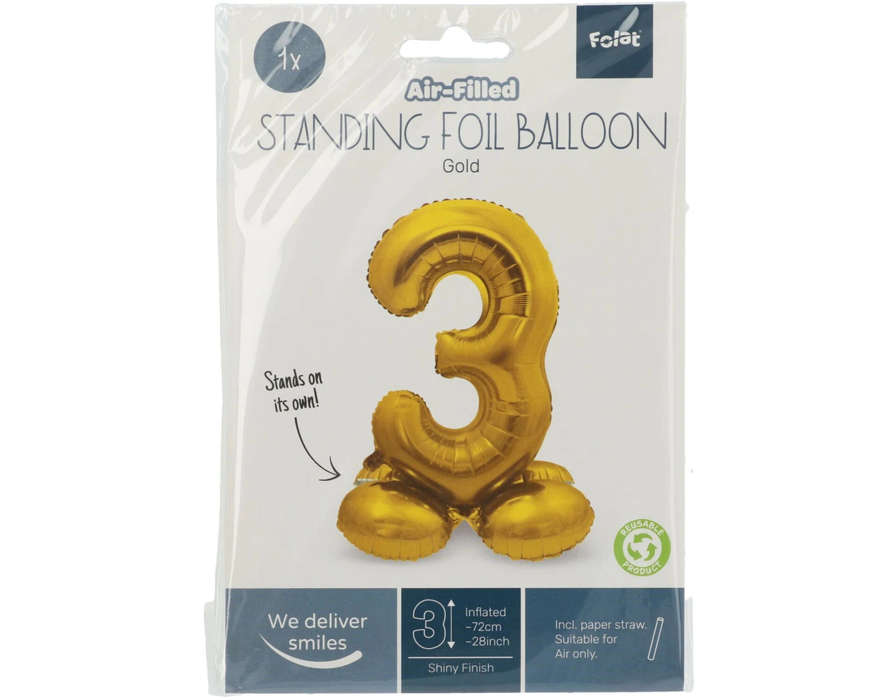 Folie Ballon Cijfer 3 Goud Met Standaard 72cm 4 Folie Ballon Cijfer 3 Goud Met Standaard 72cm - Afbeelding 2