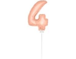 Folie Ballon Cijfer 4 Rose Goud 36cm Met Stokje