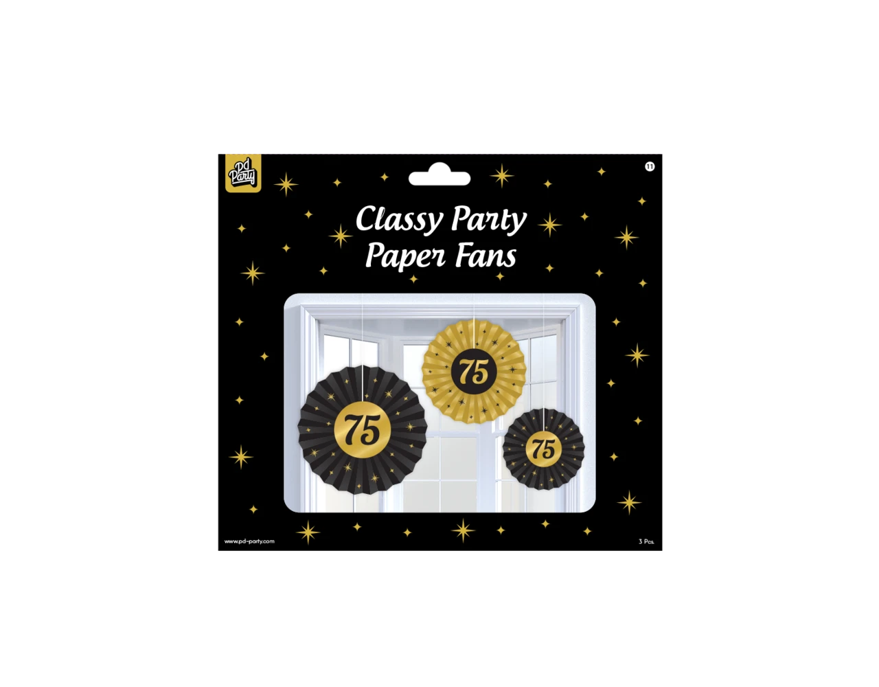 Papieren Waaiers 75 Jaar Set 20-40cm 3-delig 4 Papieren Waaiers 75 Jaar Set 20-40cm 3-delig - Afbeelding 2